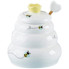 Gardino Sweet as Can Bee Ceramic Mini Honey Pot with Wooden Honey Dipper (3.4 oz) Honey Jar, Bee Decor, White/Yellow Gardino