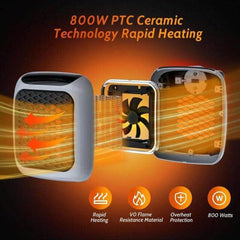 Handy Heater Turbo 800 Watts Outlet Small Space Heater with Adjustable Thermostat, Programmable 12-Hour Timer, Auto Shut Off - Quiet & Space-Saving Mini Heater - Gardino