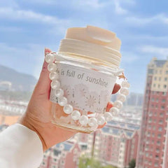 GARDINO Glasstravel Sipper With Double Drink Straw And Lids Pack Of 1,Reusable Coffee Mugs With Pearl Chain Belt & Sleeve,Kids Girls Tumbler For Juice Smoothies Milk Cups (Ivory), 400 Ml Gardino