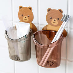 Plastic 2 Pack Toothbrush Holders for Bathroom, Self-Adhesive Waterproof Wall Mount, Teddy Bear Shaped with Cup Drain (Multicolor) Gardino