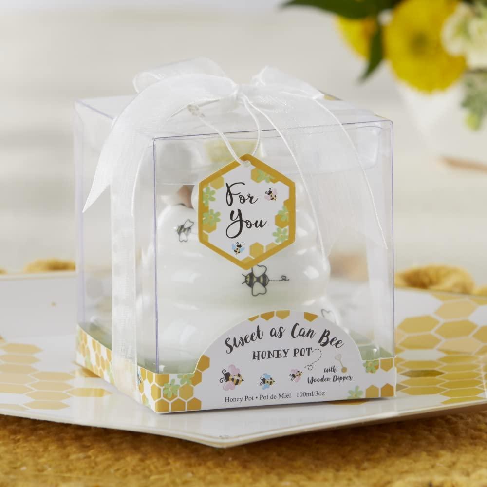 Gardino Sweet as Can Bee Ceramic Mini Honey Pot with Wooden Honey Dipper (3.4 oz) Honey Jar, Bee Decor, White/Yellow Gardino