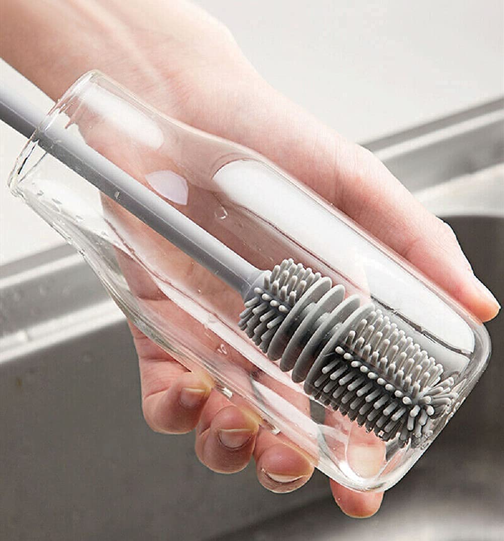Bottle Cleaning Brush with Silicone Long Handle for Baby Bottles, Water Bottles, Containers, and Glasses Gardino