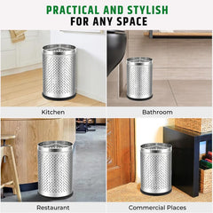 Stainless Steel 202 Perforated Design Open Top Dustbin - 25L | 10Inch (H) x 7 Inch (W) Silver Trash Can with Anti-skid Base | For Bathroom, Bedroom, Kitchen & Toilet or Commercial Use Gardino