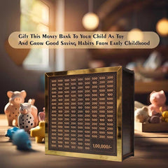 Gold and black money bank with piggy banks and toys on a wooden surface.