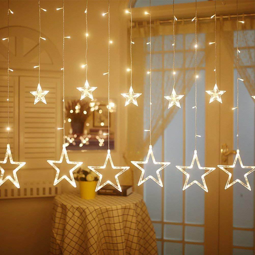 12 Star Curtain String Decorative Led Lights with 4 Meter (1 Curtain) 114 Led, (6+6 Star,Warm White,Corded electric,Plastic,Corner) - Gardino