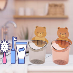 Plastic 2 Pack Toothbrush Holders for Bathroom, Self-Adhesive Waterproof Wall Mount, Teddy Bear Shaped with Cup Drain (Multicolor) Gardino