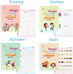 Sank Magic Practice Copybook (4 BOOKS+10 REFILL+1Pen+1Grip) Number Tracing Book for Preschoolers with Pen, Magic Calligraphy Copybook Set Practical Reusable Writing Tool Simple Hand Lettering Gardino