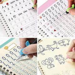 Sank Magic Practice Copybook (4 BOOKS+10 REFILL+1Pen+1Grip) Number Tracing Book for Preschoolers with Pen, Magic Calligraphy Copybook Set Practical Reusable Writing Tool Simple Hand Lettering Gardino