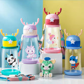 Multi-Cartoon Design Water Bottle with Straw & Strap | BPA-Free, Non-Toxic, Anti-Leak Bottle for Kids | Perfect for School & Home Gardino