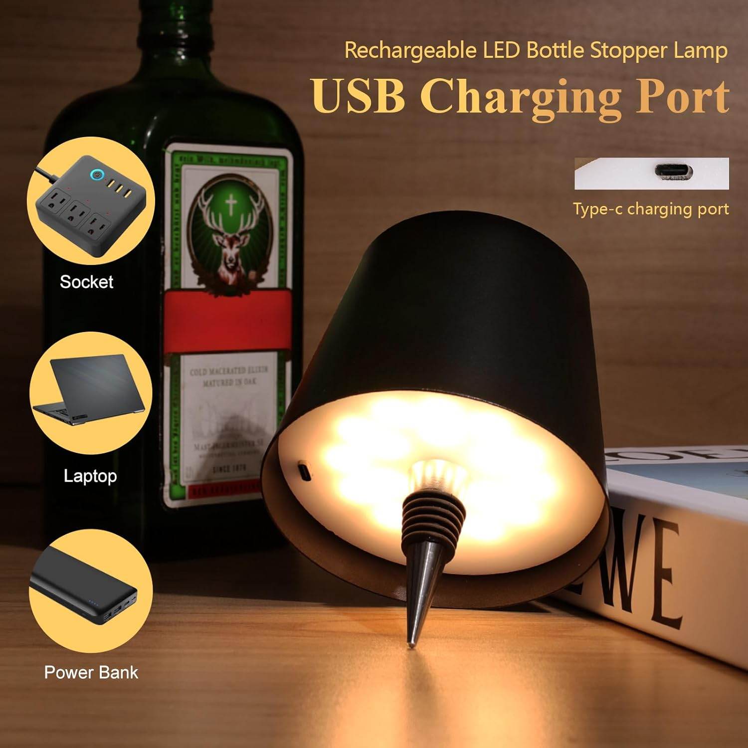 Wireless Bottle Lamp – 3-Color Rechargeable Touch Light for Bedroom, Bar & Outdoor Decor - Gardino
