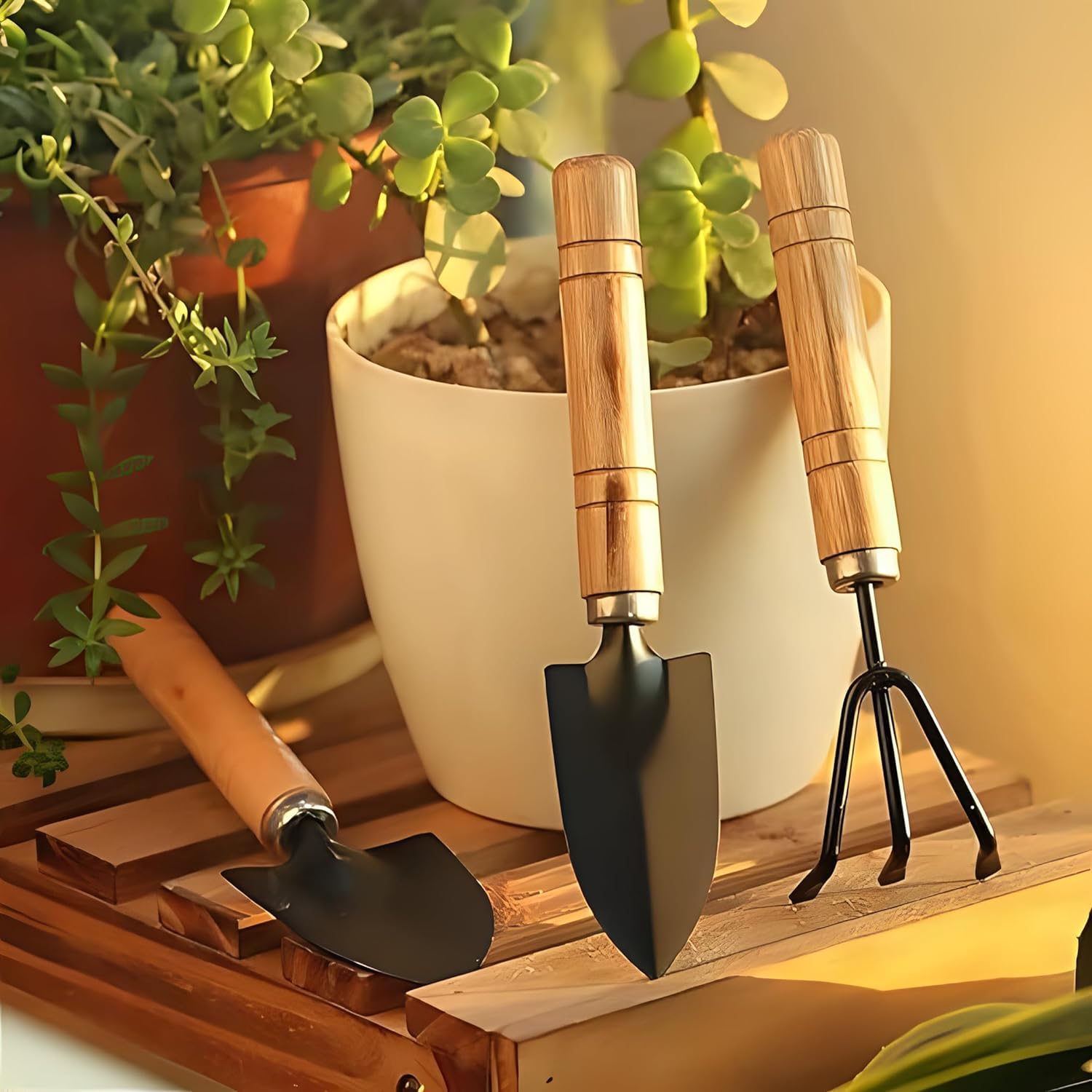 3-Piece Gardening Tool Set: Mini Hand Cultivator, Small Trowel & Garden Fork for Home Gardening Gardino