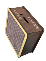 Wooden money box with 'Money Bank' text on a white background