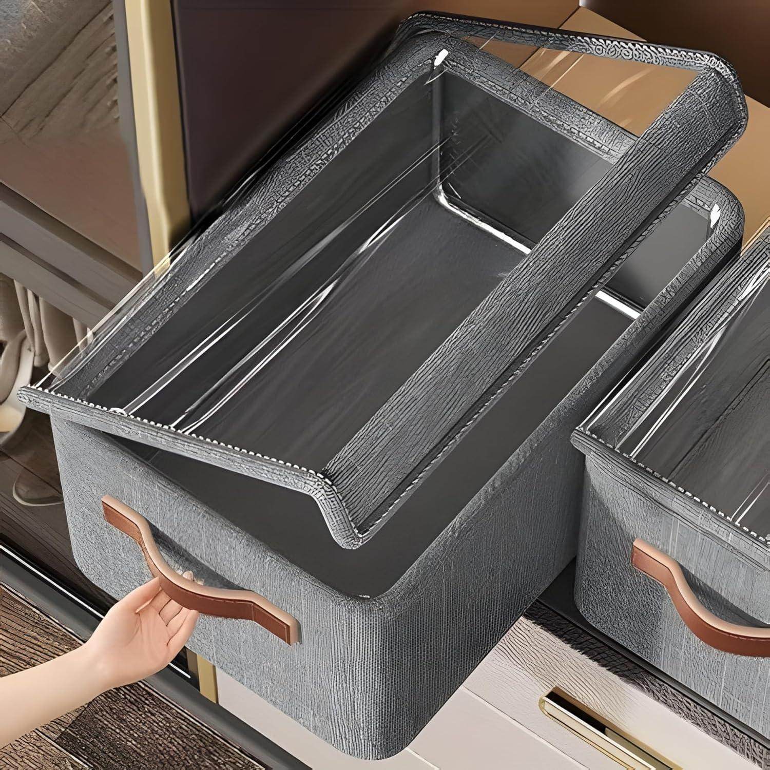 Storage Box with Lid, Large Clear Collapsible Stackable Storage Box, Foldable Fabric Linen Storage Boxes Cube, Dust Proof Closet Organizer Baskets for cabord under bad storage - (1 Pc) - Gardino