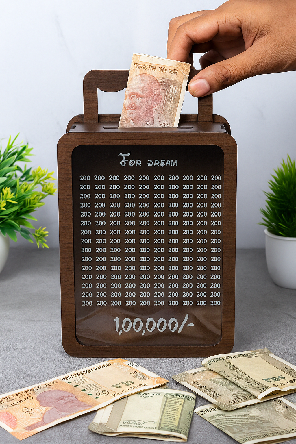 Hand placing money into a wooden piggy bank with LED display, surrounded by more money on a gray surface.