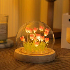 Gardino Romantic Tulip Night Light – Elegant LED Ball Lamp with Wooden Base, USB Powered for Home Decor, Soft Pink Glow, Ideal Gift for Loved Ones - Gardino