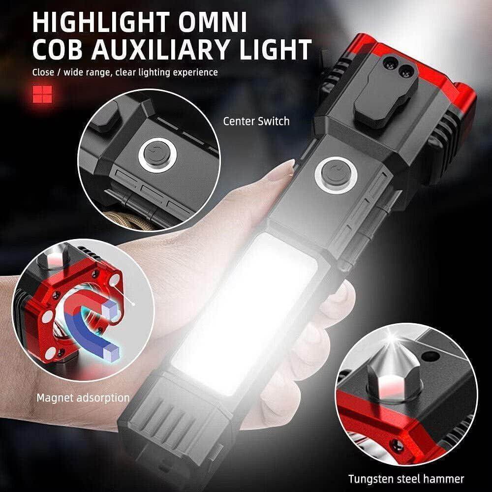 Portable Rechargeable Torch LED Flashlight Long Distance Beam Range with Power Bank, Hammer and Strong Magnets, - Gardino