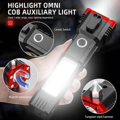 Portable Rechargeable Torch LED Flashlight Long Distance Beam Range with Power Bank, Hammer and Strong Magnets, - Gardino