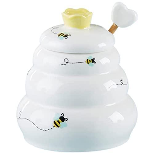 Gardino Sweet as Can Bee Ceramic Mini Honey Pot with Wooden Honey Dipper (3.4 oz) Honey Jar, Bee Decor, White/Yellow Gardino