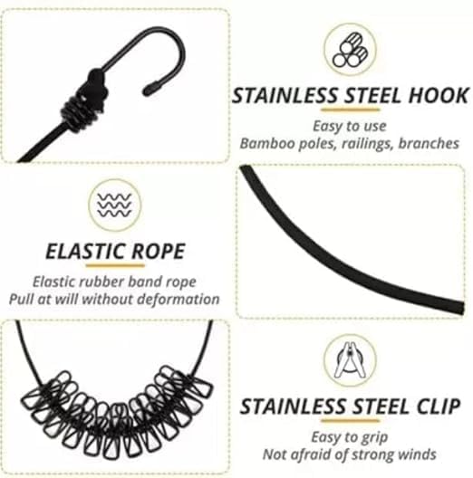 Elastic Clothes Drying Rope with Clips, Non-Slip Clothesline for Indoor and Outdoor Use (Pack of 2) Gardino