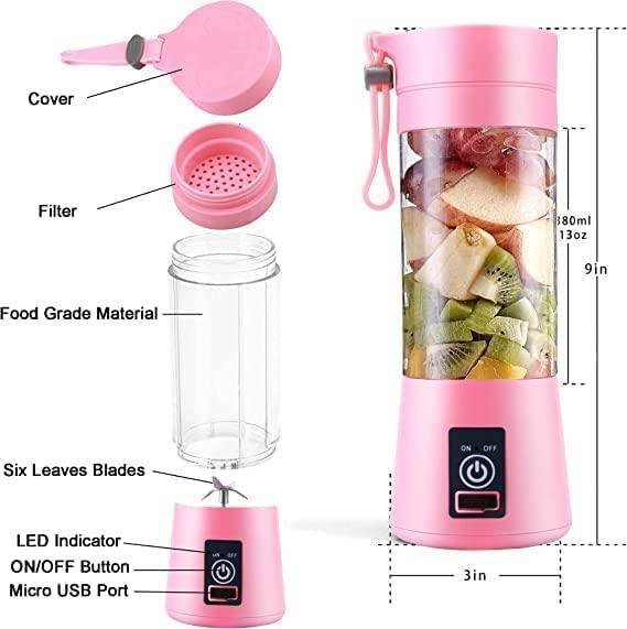 Mini Blender Fruit Mixer Machine Portable Electric Juicer grinder Cup 380ML Personal Blender Smoothie Maker USB Rechargeable (Multicolour) - Gardino