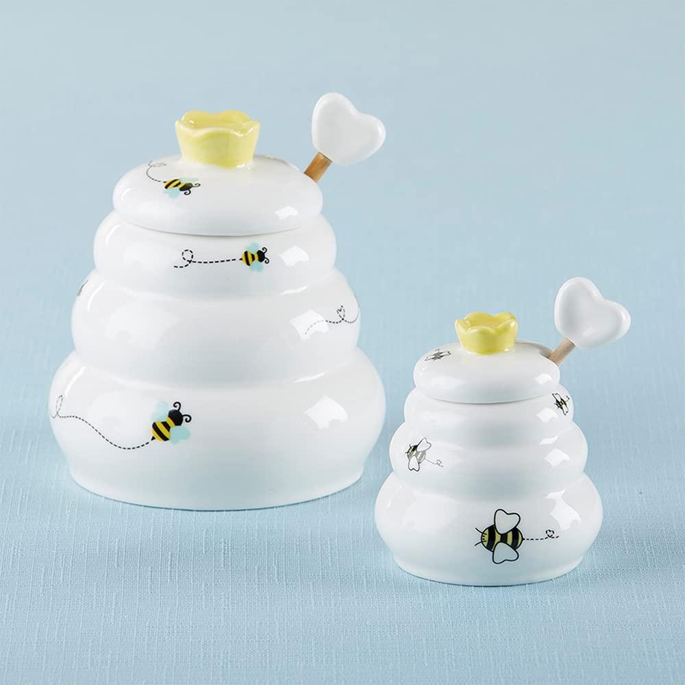 Gardino Sweet as Can Bee Ceramic Mini Honey Pot with Wooden Honey Dipper (3.4 oz) Honey Jar, Bee Decor, White/Yellow Gardino