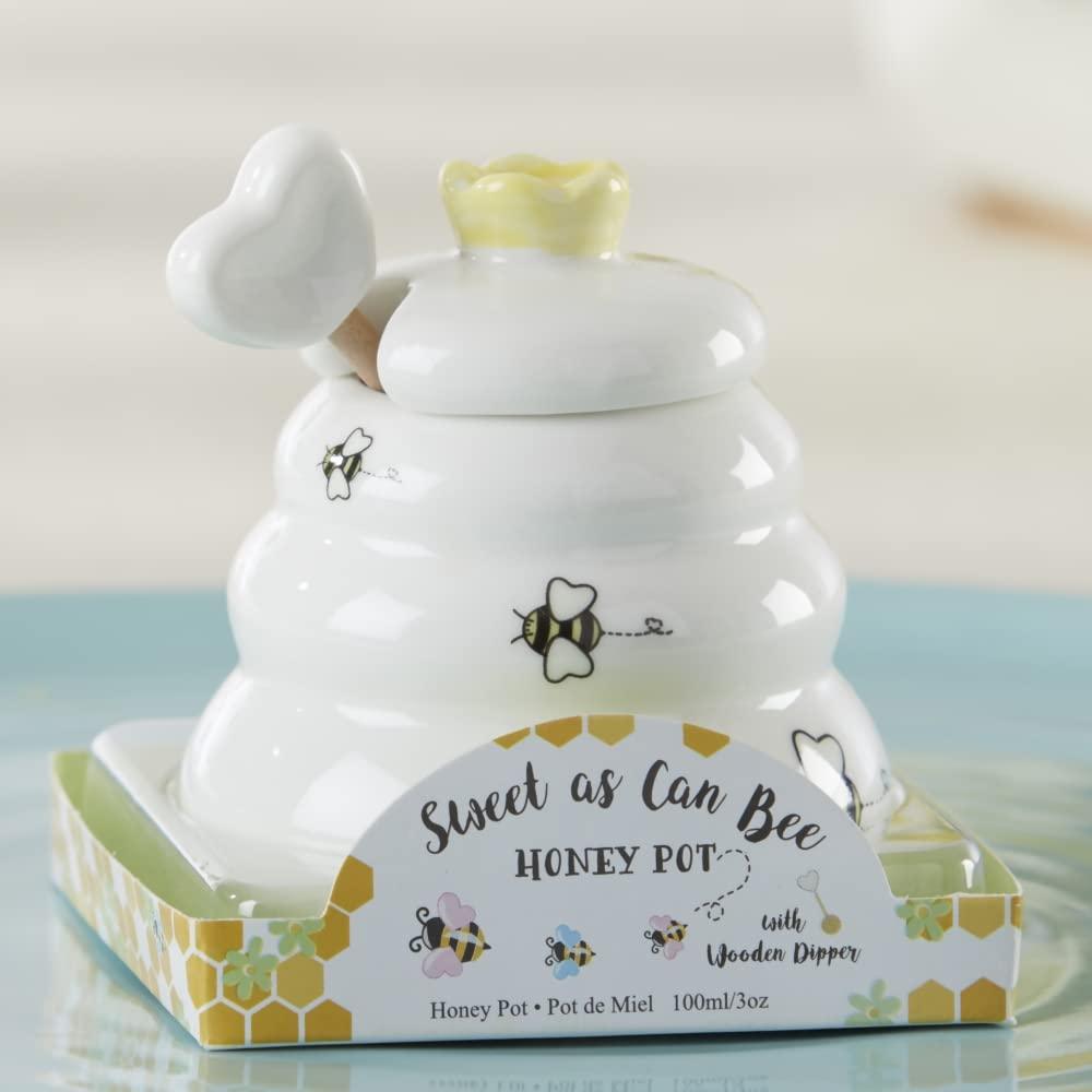 Gardino Sweet as Can Bee Ceramic Mini Honey Pot with Wooden Honey Dipper (3.4 oz) Honey Jar, Bee Decor, White/Yellow Gardino