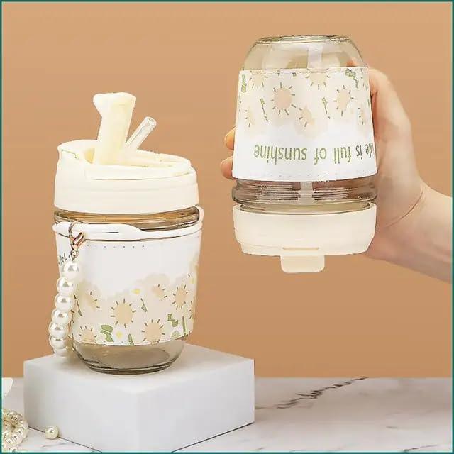 GARDINO Glasstravel Sipper With Double Drink Straw And Lids Pack Of 1,Reusable Coffee Mugs With Pearl Chain Belt & Sleeve,Kids Girls Tumbler For Juice Smoothies Milk Cups (Ivory), 400 Ml Gardino