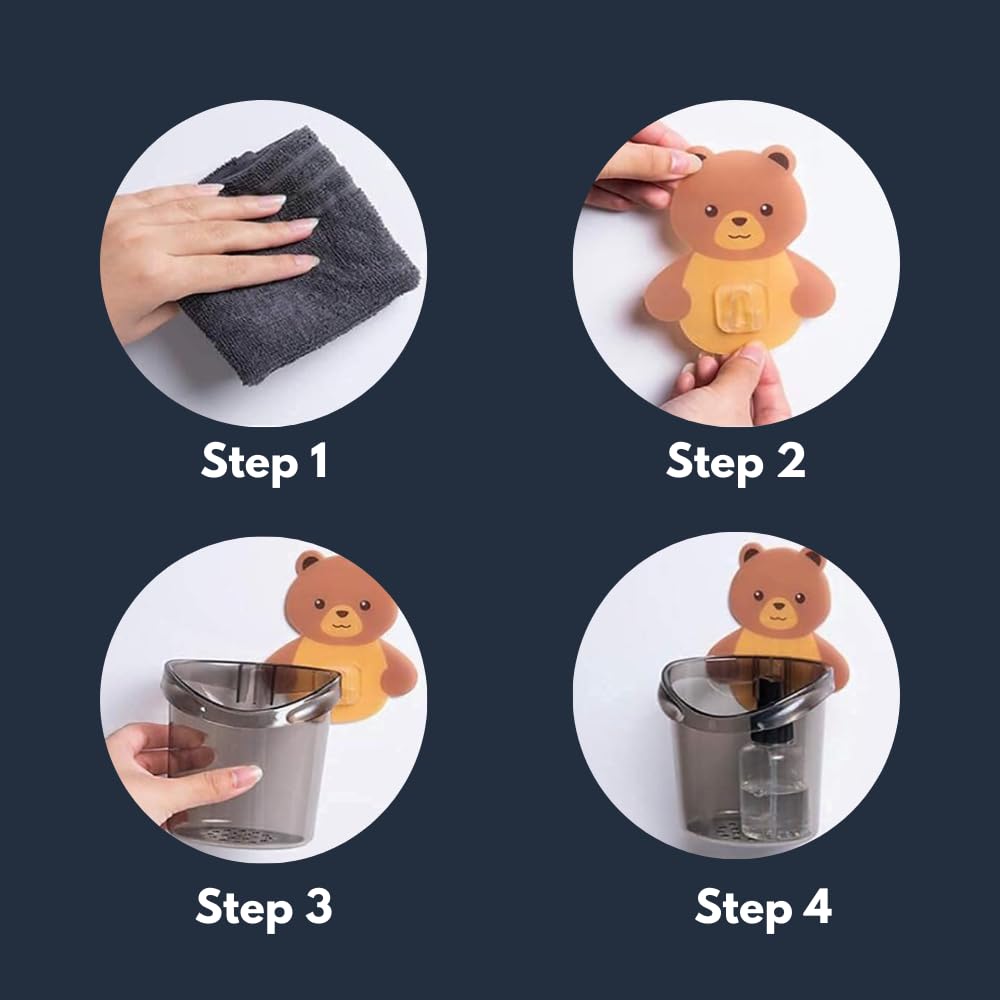 Plastic 2 Pack Toothbrush Holders for Bathroom, Self-Adhesive Waterproof Wall Mount, Teddy Bear Shaped with Cup Drain (Multicolor) Gardino