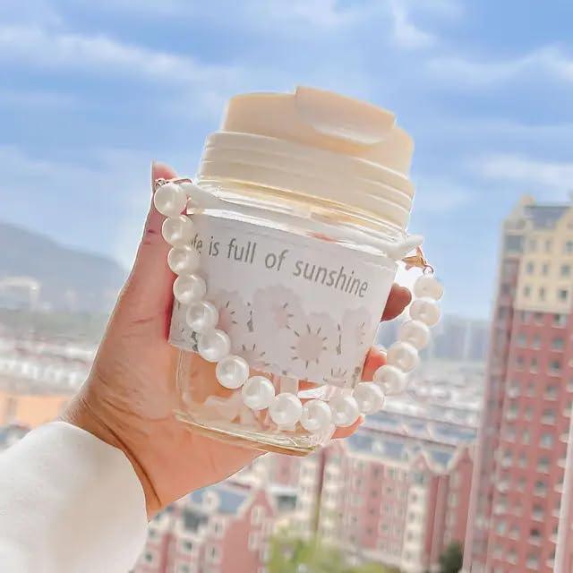 GARDINO Glasstravel Sipper With Double Drink Straw And Lids Pack Of 1,Reusable Coffee Mugs With Pearl Chain Belt & Sleeve,Kids Girls Tumbler For Juice Smoothies Milk Cups (Ivory), 400 Ml Gardino