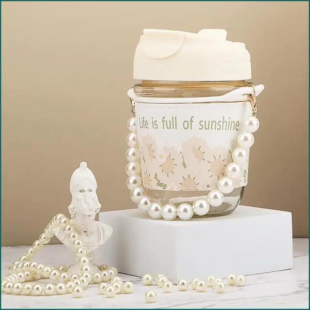 GARDINO Glasstravel Sipper With Double Drink Straw And Lids Pack Of 1,Reusable Coffee Mugs With Pearl Chain Belt & Sleeve,Kids Girls Tumbler For Juice Smoothies Milk Cups (Ivory), 400 Ml Gardino