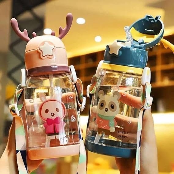 Multi-Cartoon Design Water Bottle with Straw & Strap | BPA-Free, Non-Toxic, Anti-Leak Bottle for Kids | Perfect for School & Home Gardino