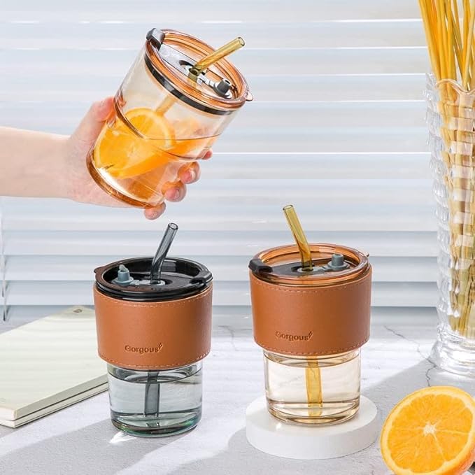 Glass Mug with Straw and Cover, 400 ml Capacity | Leakproof Glass Coffee Mug with Silicone Straw and Lid Tumbler Gardino