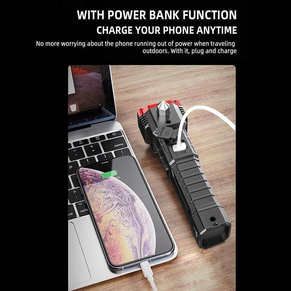 Portable Rechargeable Torch LED Flashlight Long Distance Beam Range with Power Bank, Hammer and Strong Magnets, - Gardino