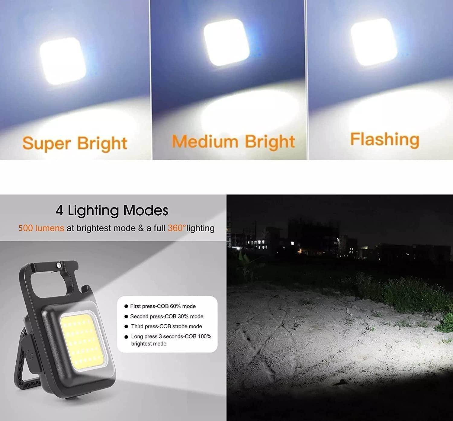 LED COB Key Chain Flashlights | Small Water Resistant, USB Rechargeable, Portable Mini Light with Folding Bracket | for Walking, Camping & Car Repairing Square - Gardino