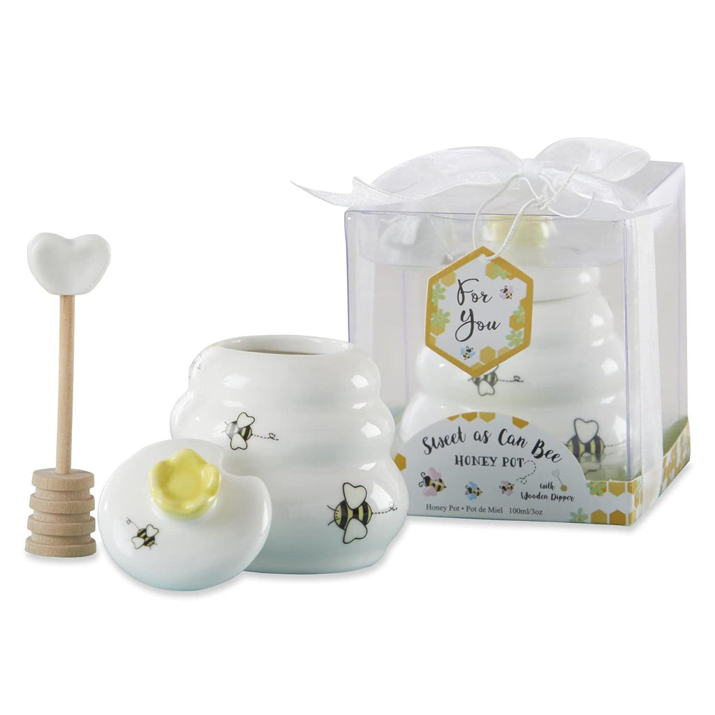 Gardino Sweet as Can Bee Ceramic Mini Honey Pot with Wooden Honey Dipper (3.4 oz) Honey Jar, Bee Decor, White/Yellow Gardino