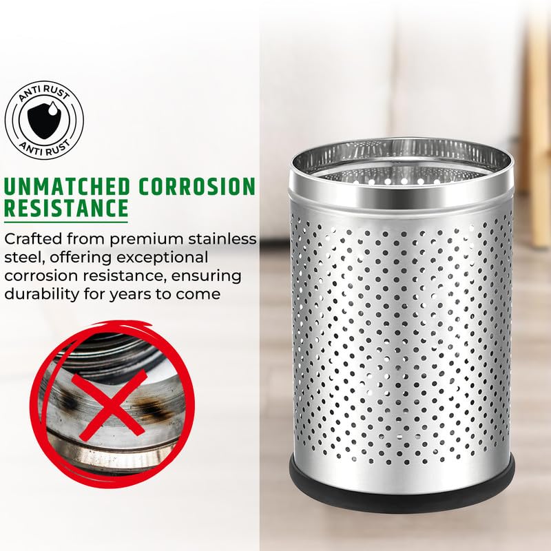 Stainless Steel 202 Perforated Design Open Top Dustbin - 25L | 10Inch (H) x 7 Inch (W)  Silver Trash Can with Anti-skid Base | For Bathroom, Bedroom, Kitchen & Toilet or Commercial Use Gardino