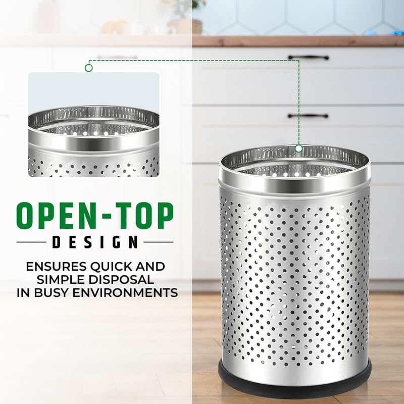 Stainless Steel 202 Perforated Design Open Top Dustbin - 25L | 10Inch (H) x 7 Inch (W)  Silver Trash Can with Anti-skid Base | For Bathroom, Bedroom, Kitchen & Toilet or Commercial Use Gardino
