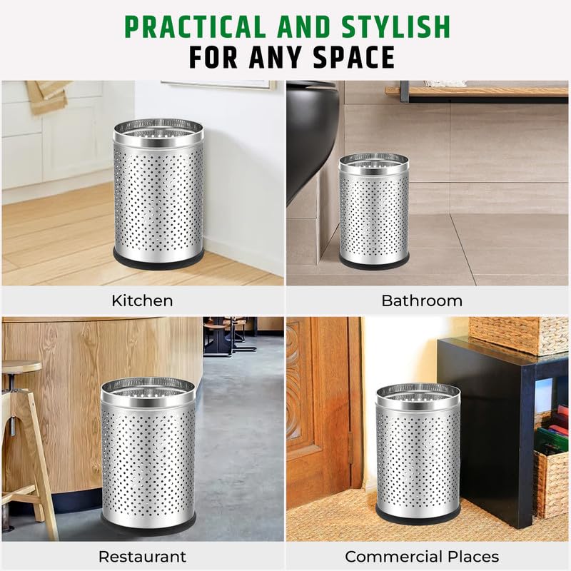 Stainless Steel 202 Perforated Design Open Top Dustbin - 25L | 10Inch (H) x 7 Inch (W)  Silver Trash Can with Anti-skid Base | For Bathroom, Bedroom, Kitchen & Toilet or Commercial Use Gardino
