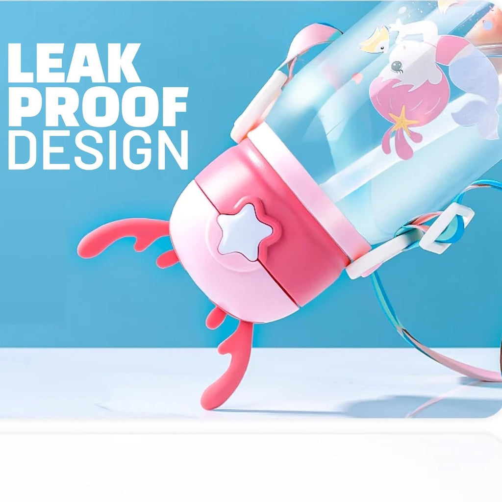 Multi-Cartoon Design Water Bottle with Straw & Strap | BPA-Free, Non-Toxic, Anti-Leak Bottle for Kids | Perfect for School & Home Gardino
