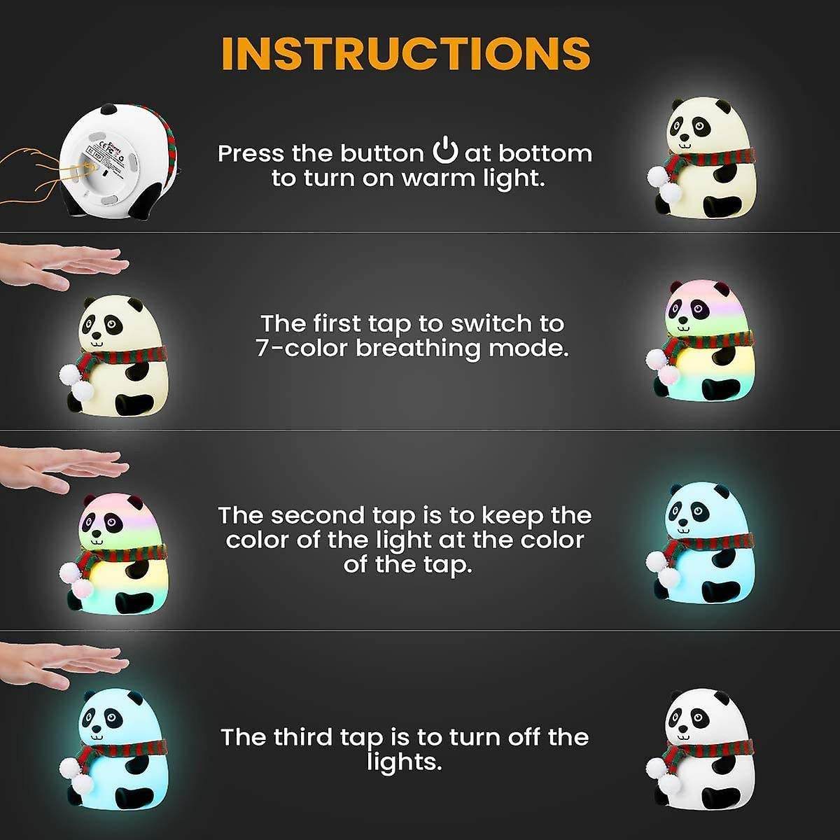 Adorable Panda Night Lamp for Kids Bedrooms | Perfect Valentine’s Gift | Cute, USB Rechargeable Touch Control LED Nightlight for Toddlers & Babies - Gardino