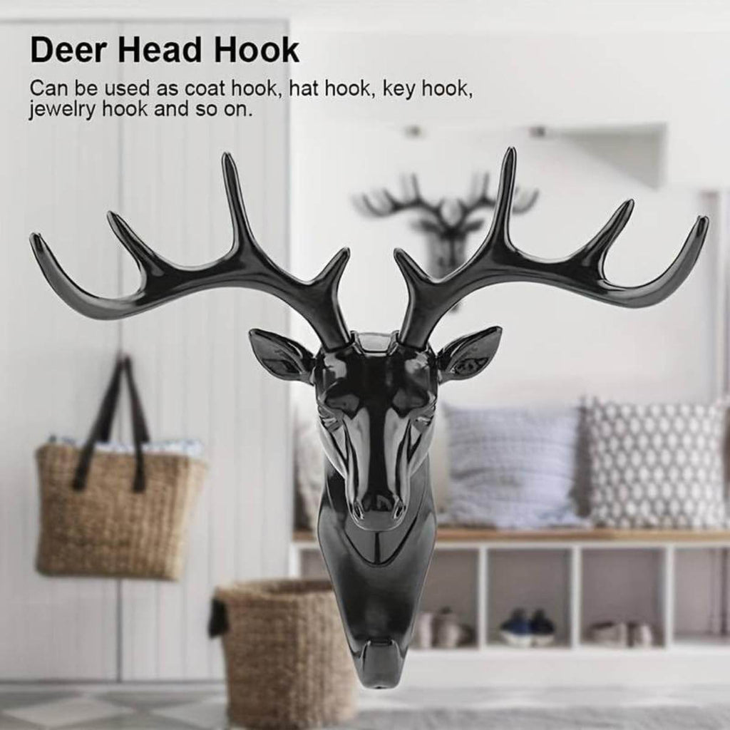 1 PCS Deer Head Hanging Hook, Self-Adhesive Wall Hook for Bags, Keys, and More | Rustic Wildlife-Inspired Decorative Holder (Black) - Gardino