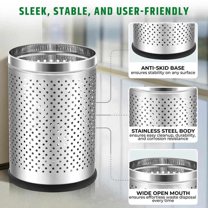 Stainless Steel 202 Perforated Design Open Top Dustbin - 25L | 10Inch (H) x 7 Inch (W)  Silver Trash Can with Anti-skid Base | For Bathroom, Bedroom, Kitchen & Toilet or Commercial Use Gardino