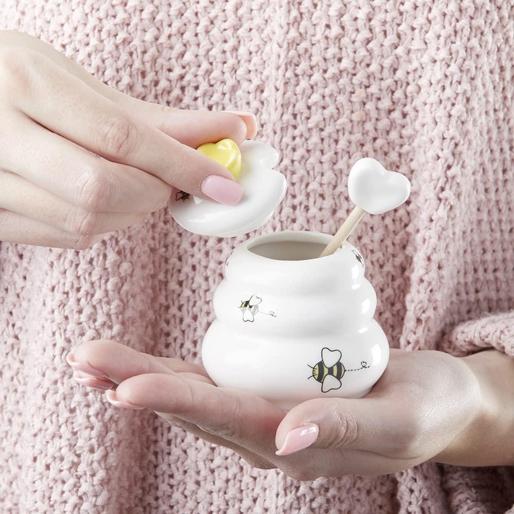 Gardino Sweet as Can Bee Ceramic Mini Honey Pot with Wooden Honey Dipper (3.4 oz) Honey Jar, Bee Decor, White/Yellow Gardino