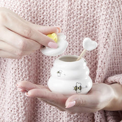 Gardino Sweet as Can Bee Ceramic Mini Honey Pot with Wooden Honey Dipper (3.4 oz) Honey Jar, Bee Decor, White/Yellow Gardino