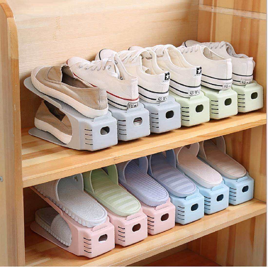 Plastic Shoe Slots Organizer Space Saver Double Deck Shoe Rack Adjustable Shoe Slots for Closet Organization (Pack of 2) (Multicolor) - Gardino