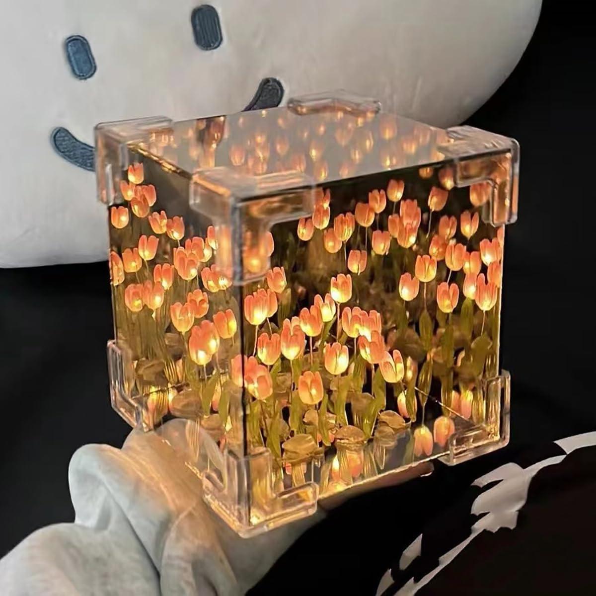 GARDINO Infinity Mirror Tulip Cube LED Lamp - 20 LED Flower Lights, Dual-Purpose Tabletop & Mirror Decor Gardino