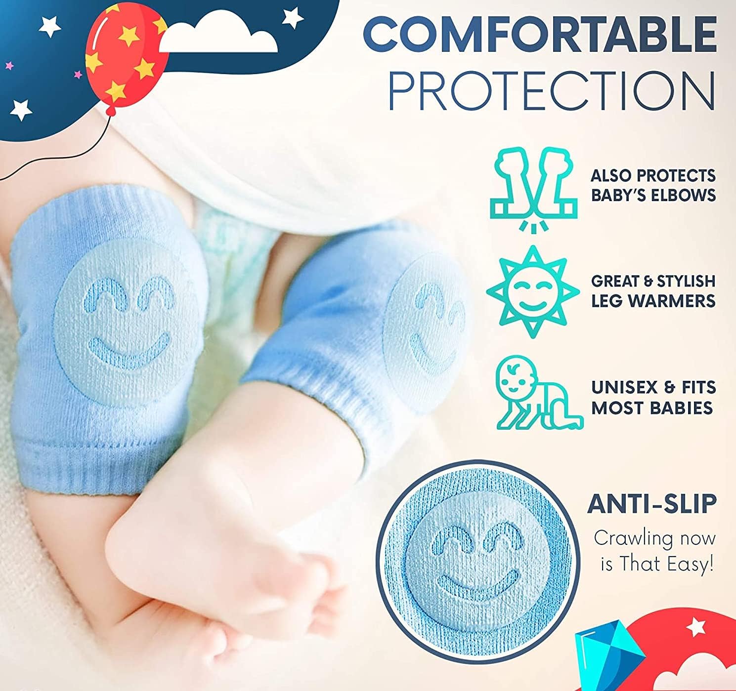 Baby Smiley Knee Pads for Crawling – Anti-Slip Elastic Cotton Knee & Elbow Safety Protectors (Random Color) Gardino