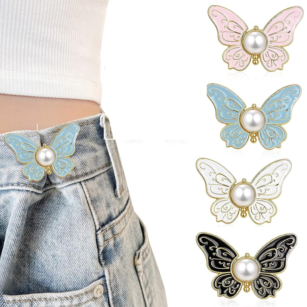 Butterfly Jean Button Waist Tightener Set – No-Sew Adjustable Waist Buckle Clips, Detachable Decorative Button Pins for Jeans & Skirts(Pack of 4)