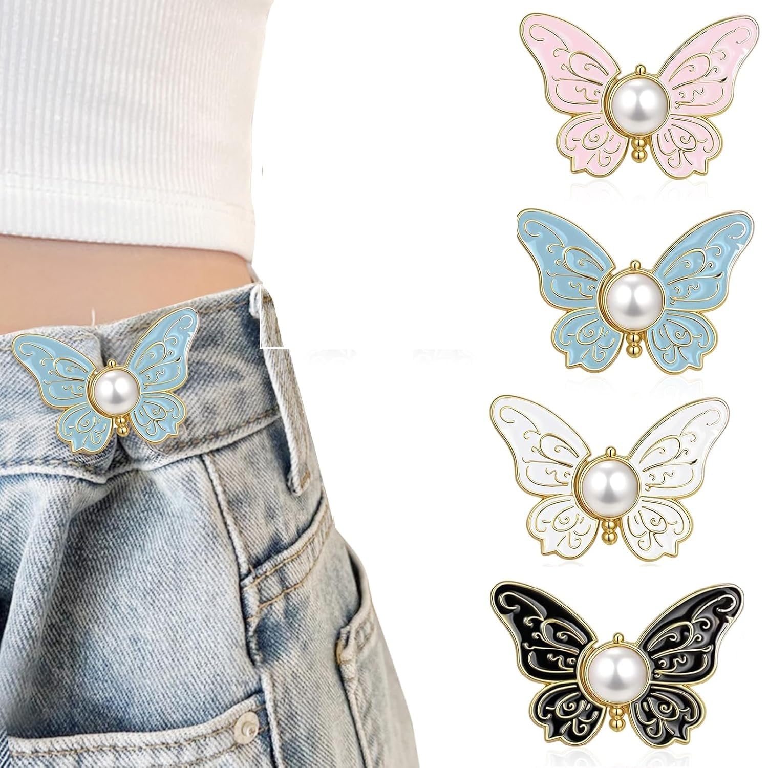 Butterfly Jean Button Waist Tightener Set – No-Sew Adjustable Waist Buckle Clips, Detachable Decorative Button Pins for Jeans & Skirts(Pack of 4)