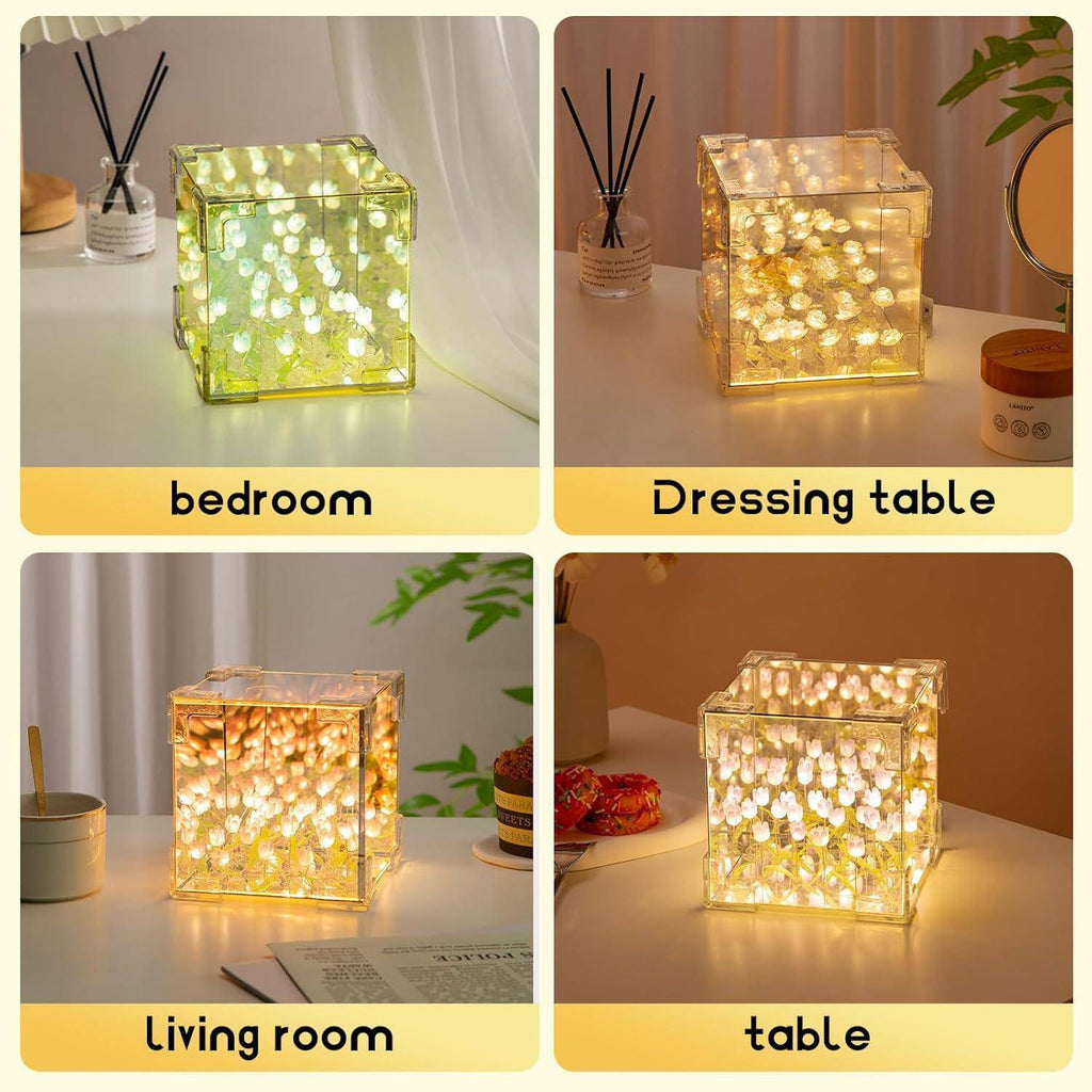 GARDINO Infinity Mirror Tulip Cube LED Lamp - 20 LED Flower Lights, Dual-Purpose Tabletop & Mirror Decor Gardino